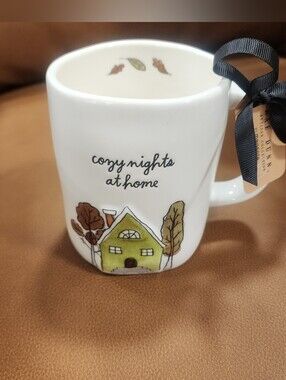 Rae Dunn Cozy Nights at Home White Ceramic Mug with Green House Motif BRAND NEW